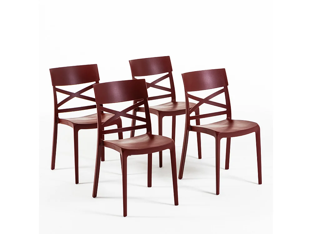 Lot de 4 chaises en polypropylène renforcé de fibre de verre empilables pour extérieur et jardin, bar, restaurant, cuisine design moderne - Martina - Merlot