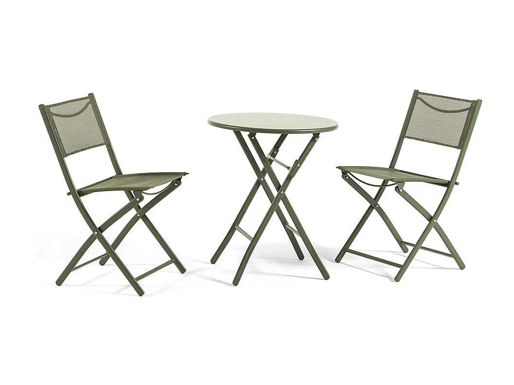 Ensemble pliable pour balcon avec table ronde Ø60 en métal peint et 2 chaises en textilène, gain de place pour terrasse et véranda - NEMO&LILIA Olive