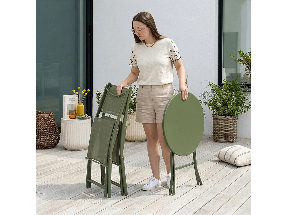 Ensemble pliable pour balcon avec table ronde Ø60 en métal peint et 2 chaises en textilène, gain de place pour terrasse et véranda - NEMO&LILIA Olive