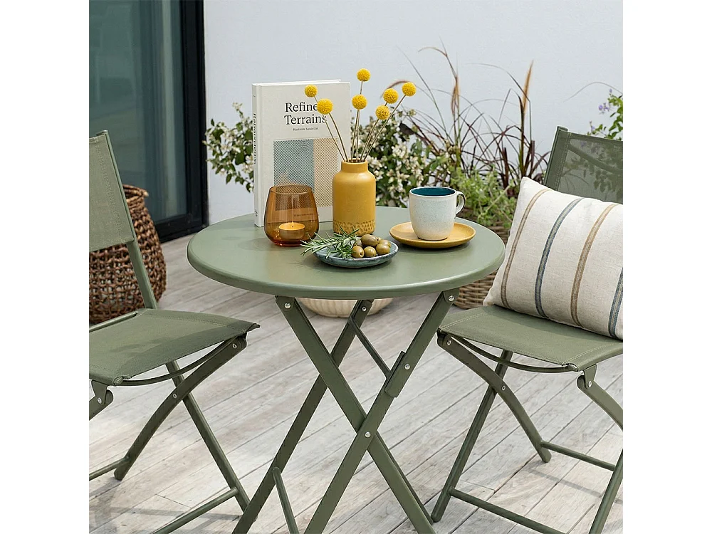 Ensemble pliable pour balcon avec table ronde Ø60 en métal peint et 2 chaises en textilène, gain de place pour terrasse et véranda - NEMO&LILIA Olive