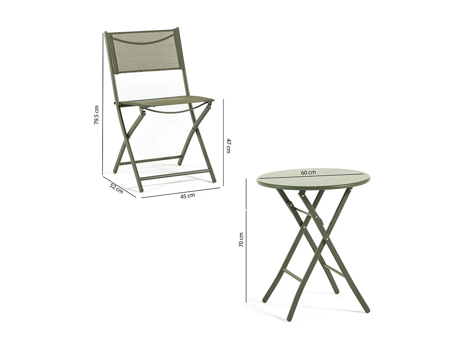 Ensemble pliable pour balcon avec table ronde Ø60 en métal peint et 2 chaises en textilène, gain de place pour terrasse et véranda - NEMO&LILIA Olive