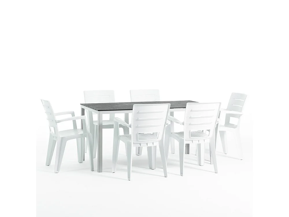 Ensemble table et 6 chaises de jardin, table rectangulaire, structure en acier et chaises en résine avec accoudoirs, empilables–Thomas+Anita/Ardoise