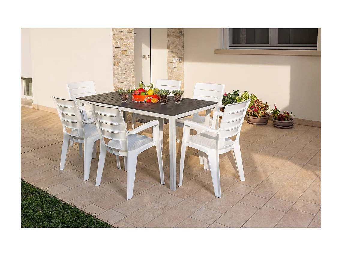 Ensemble table et 6 chaises de jardin, table rectangulaire, structure en acier et chaises en résine avec accoudoirs, empilables–Thomas+Anita/Ardoise