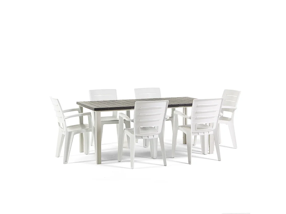 Ensemble table et 6 chaises d’extérieur, table rectangulaire 180x90 cm, structure en fer et chaises en résine avec accoudoirs - Thomas+Anita/Ardoise