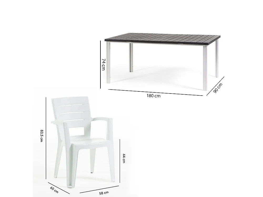 Ensemble table et 6 chaises d’extérieur, table rectangulaire 180x90 cm, structure en fer et chaises en résine avec accoudoirs - Thomas+Anita/Ardoise