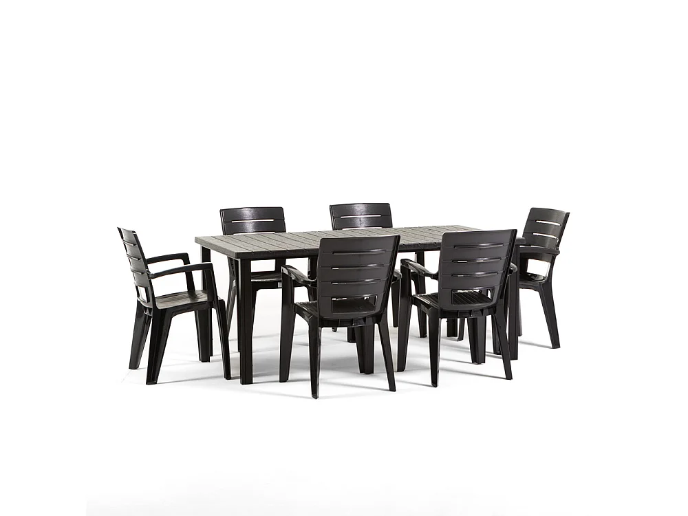 Ensemble table et 6 chaises d’extérieur, table rectangulaire 180x90 cm, structure en fer et chaises en résine avec accoudoirs - Thomas+Anita/Noir