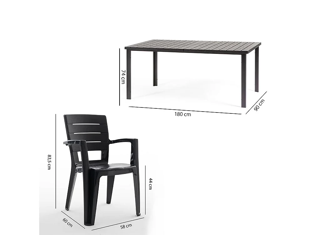 Ensemble table et 6 chaises d’extérieur, table rectangulaire 180x90 cm, structure en fer et chaises en résine avec accoudoirs - Thomas+Anita/Noir