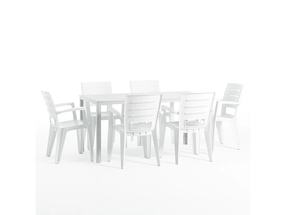 Ensemble table et 6 chaises de jardin, table rectangulaire avec structure en acier et chaises en résine avec accoudoirs, empilables–Thomas+Anita/Blanc