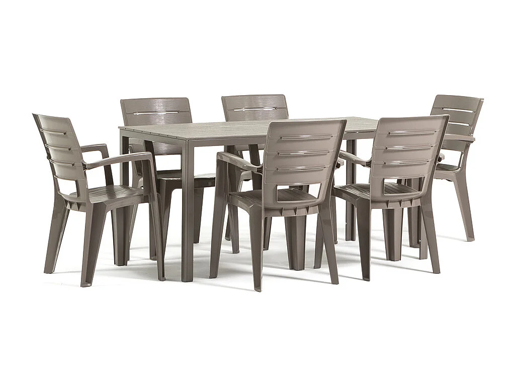 Ensemble table et 6 chaises de jardin, table rectangulaire avec structure en acier et chaises en résine avec accoudoirs, empilables–Thomas+Anita/Taupe