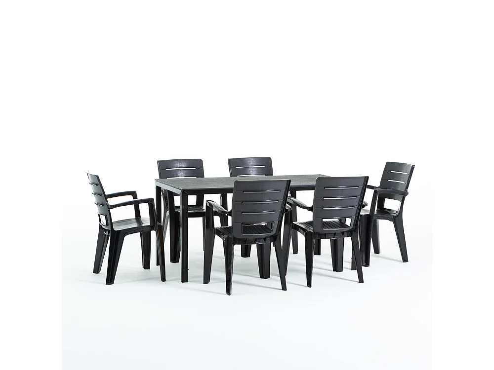 Ensemble table et 6 chaises de jardin, table rectangulaire avec structure en acier et chaises en résine avec accoudoirs, empilables –Thomas+Anita/Noir