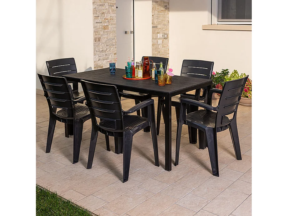 Ensemble table et 6 chaises de jardin, table rectangulaire avec structure en acier et chaises en résine avec accoudoirs, empilables –Thomas+Anita/Noir