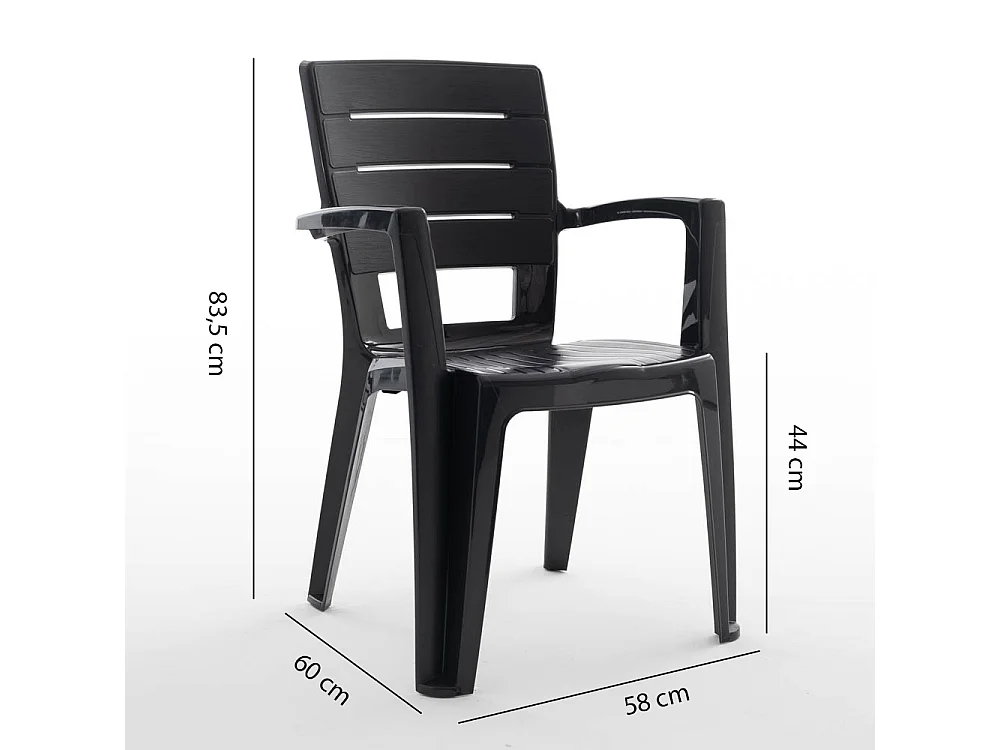 Ensemble table et 6 chaises de jardin, table rectangulaire avec structure en acier et chaises en résine avec accoudoirs, empilables –Thomas+Anita/Noir