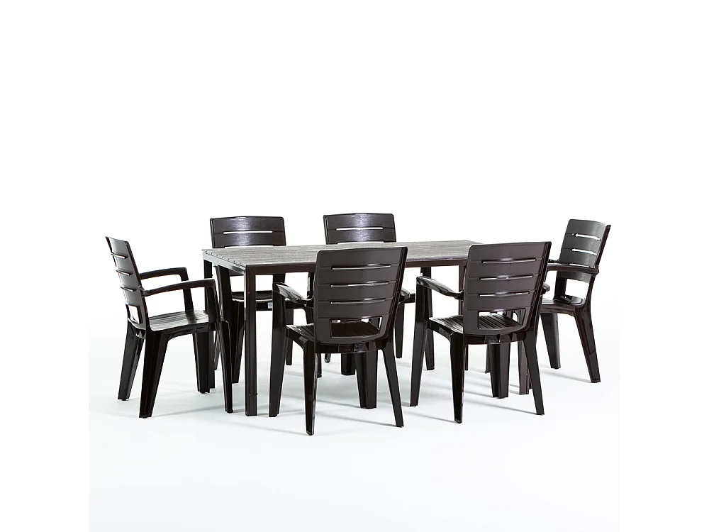 Ensemble table et 6 chaises de jardin, table rectangulaire avec structure en acier et chaises en résine avec accoudoirs, empilables –Thomas+Anita/Moka