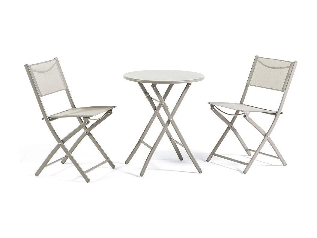 Ensemble pliable pour balcon avec table ronde Ø60 en métal peint et 2 chaises en textilène, gain de place pour terrasse et véranda - NEMO&LILIA Sable
