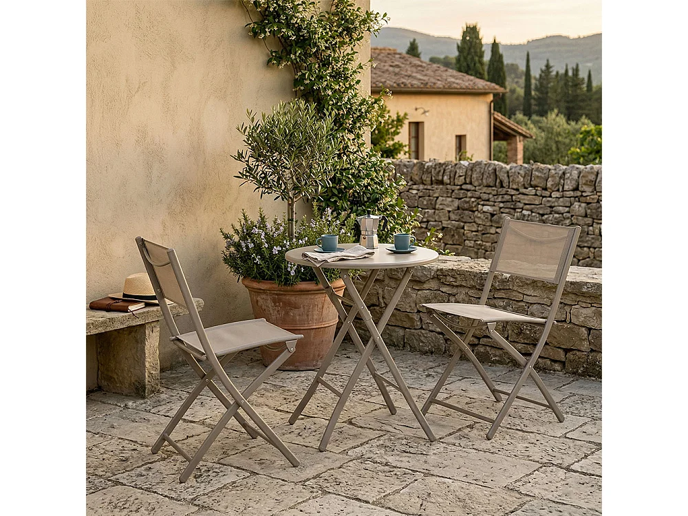Ensemble pliable pour balcon avec table ronde Ø60 en métal peint et 2 chaises en textilène, gain de place pour terrasse et véranda - NEMO&LILIA Sable