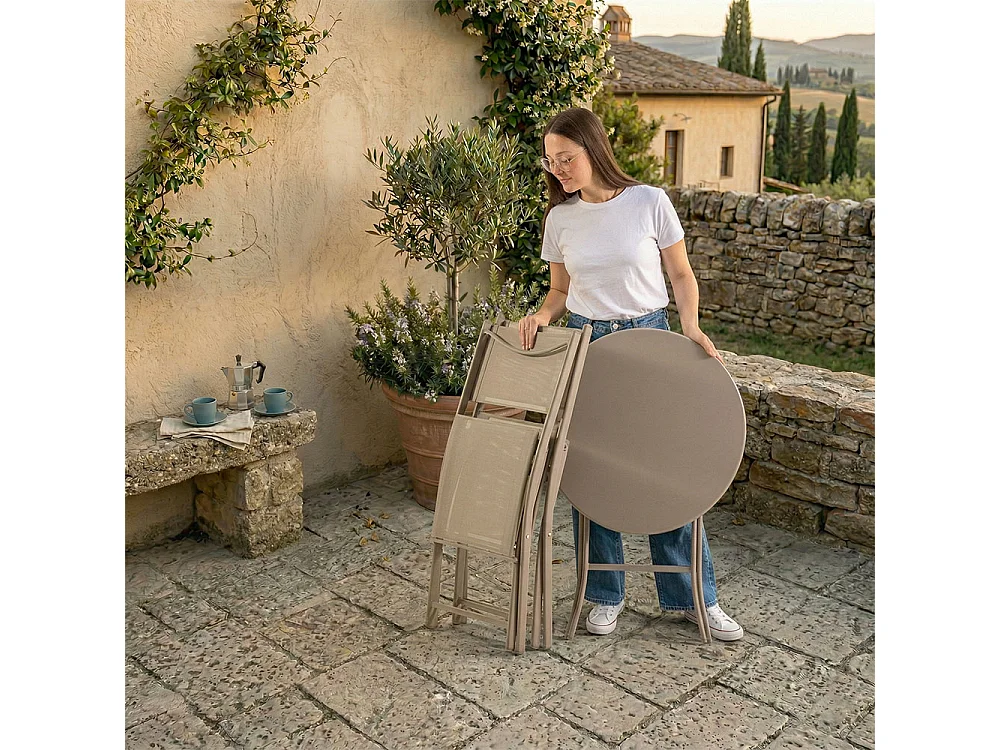 Ensemble pliable pour balcon avec table ronde Ø60 en métal peint et 2 chaises en textilène, gain de place pour terrasse et véranda - NEMO&LILIA Sable