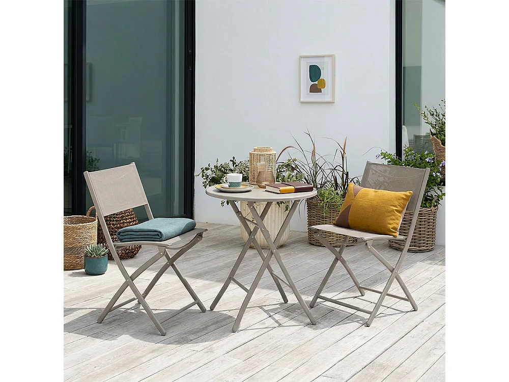 Ensemble pliable pour balcon avec table ronde Ø60 en métal peint et 2 chaises en textilène, gain de place pour terrasse et véranda - NEMO&LILIA Sable