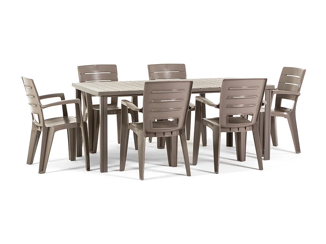 Ensemble table et 6 chaises d’extérieur, table rectangulaire 180x90 cm, structure en fer et chaises en résine avec accoudoirs - Thomas+Anita/Taupe