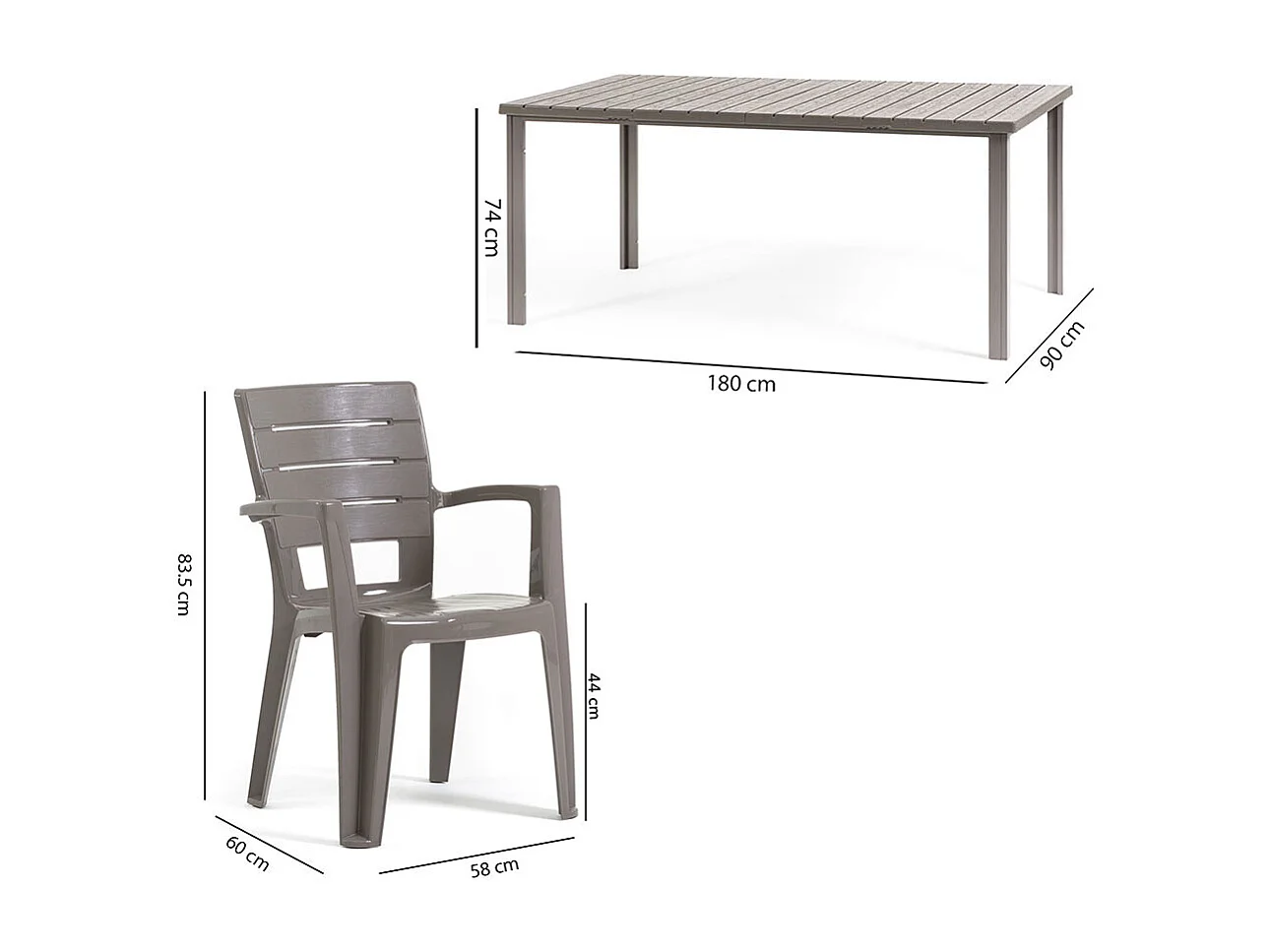 Ensemble table et 6 chaises d’extérieur, table rectangulaire 180x90 cm, structure en fer et chaises en résine avec accoudoirs - Thomas+Anita/Taupe
