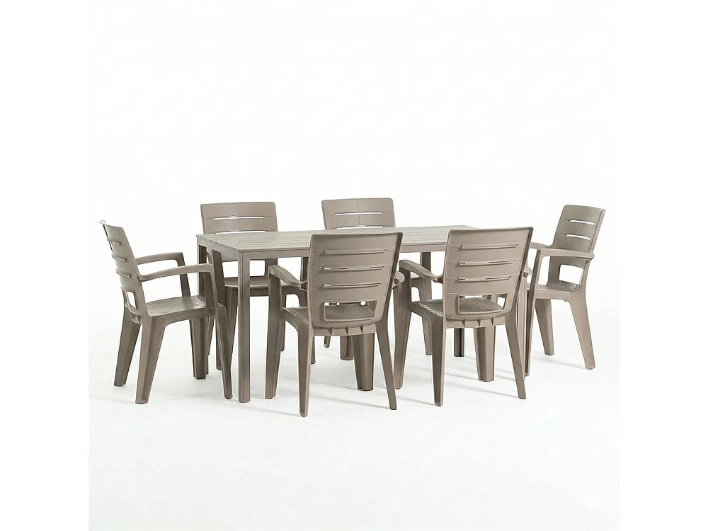 Ensemble table et 6 chaises d’extérieur, table rectangulaire 156x78 cm, structure en fer et chaises en résine avec accoudoirs - Thomas+Anita/Champagne