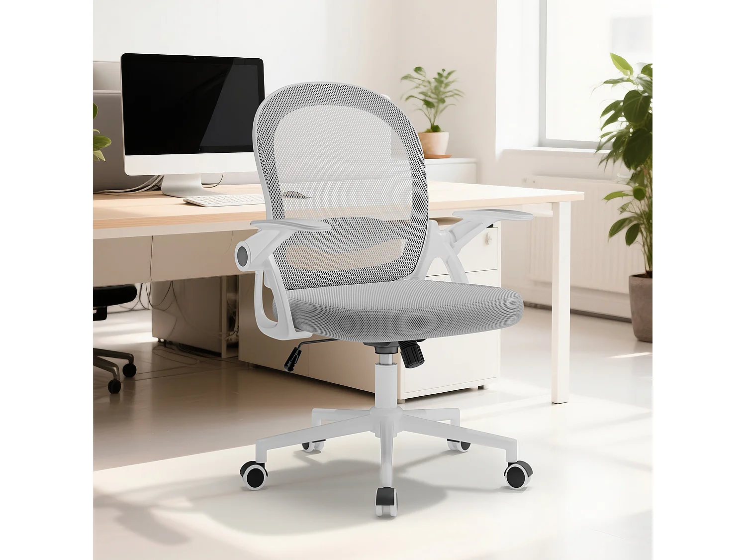 Chaise de bureau ergonomique à dossier moyen en maille, avec accoudoirs rabattables, soutien lombaire et fonction pivotante