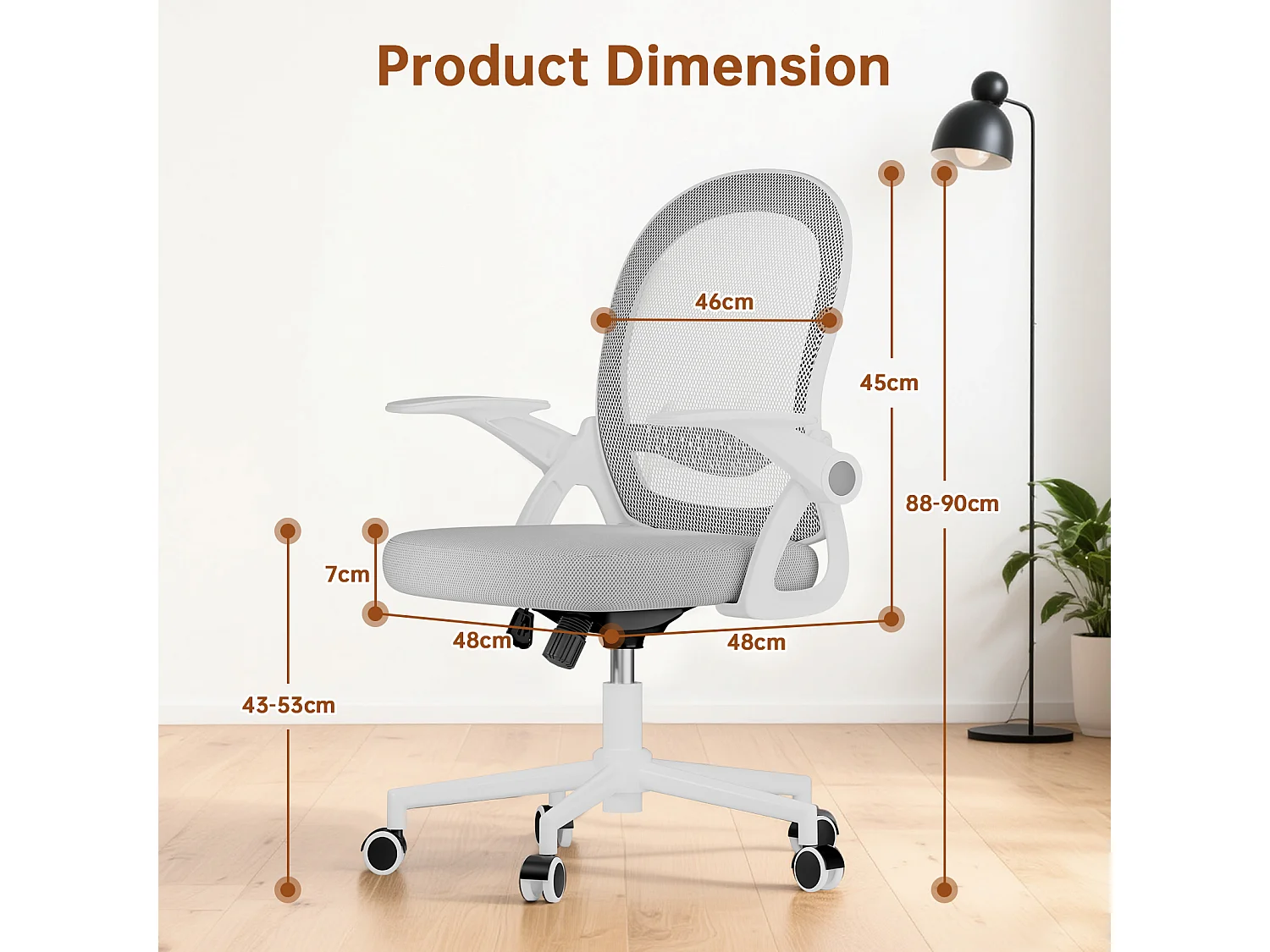 Chaise de bureau ergonomique à dossier moyen en maille, avec accoudoirs rabattables, soutien lombaire et fonction pivotante