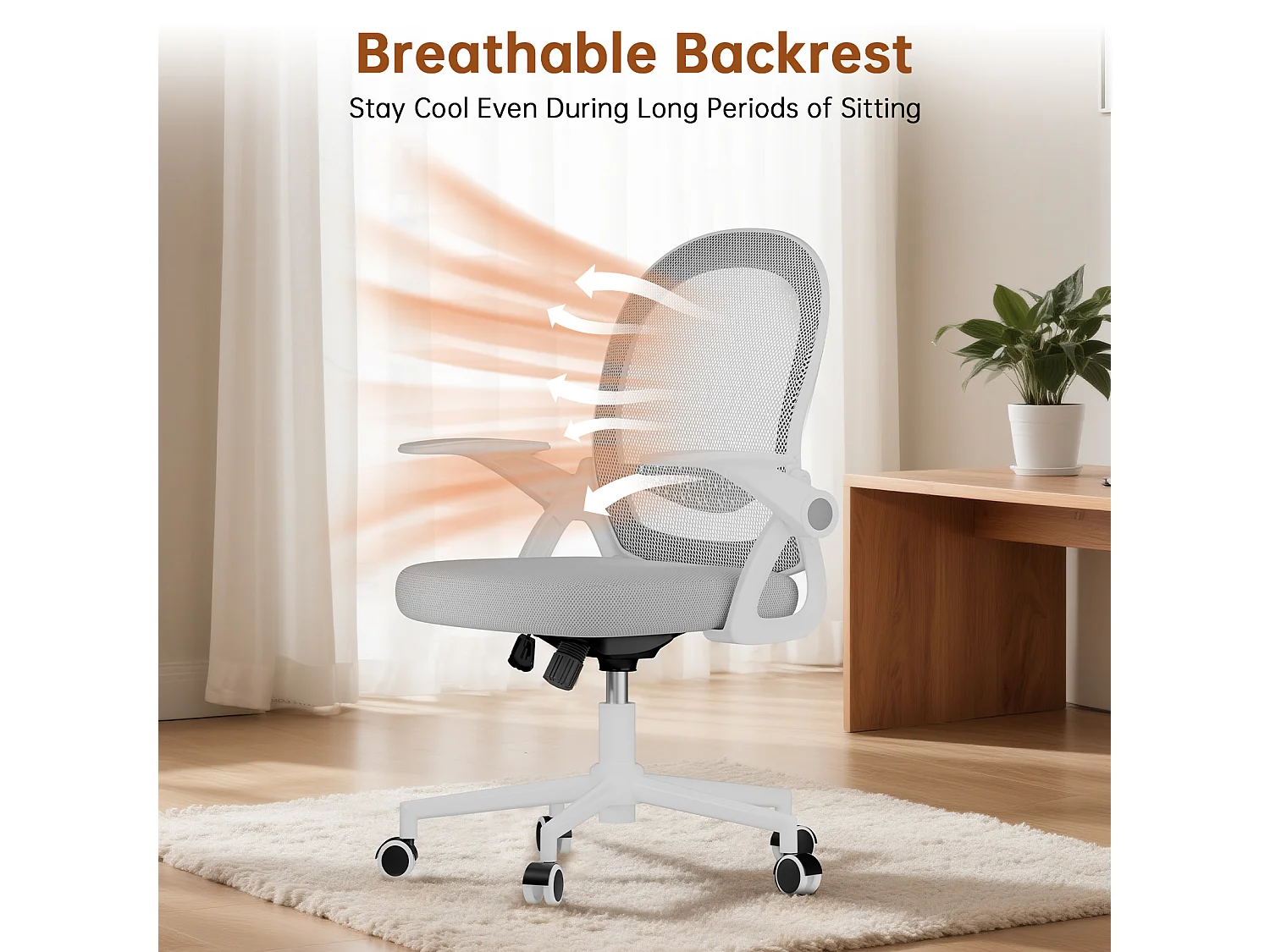 Chaise de bureau ergonomique à dossier moyen en maille, avec accoudoirs rabattables, soutien lombaire et fonction pivotante