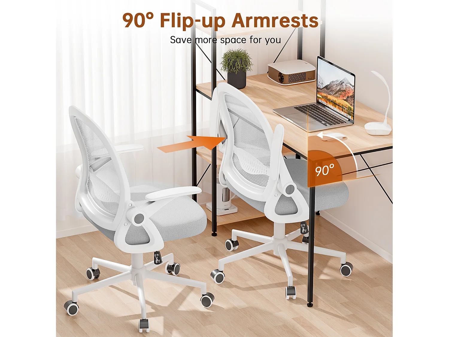 Chaise de bureau ergonomique à dossier moyen en maille, avec accoudoirs rabattables, soutien lombaire et fonction pivotante