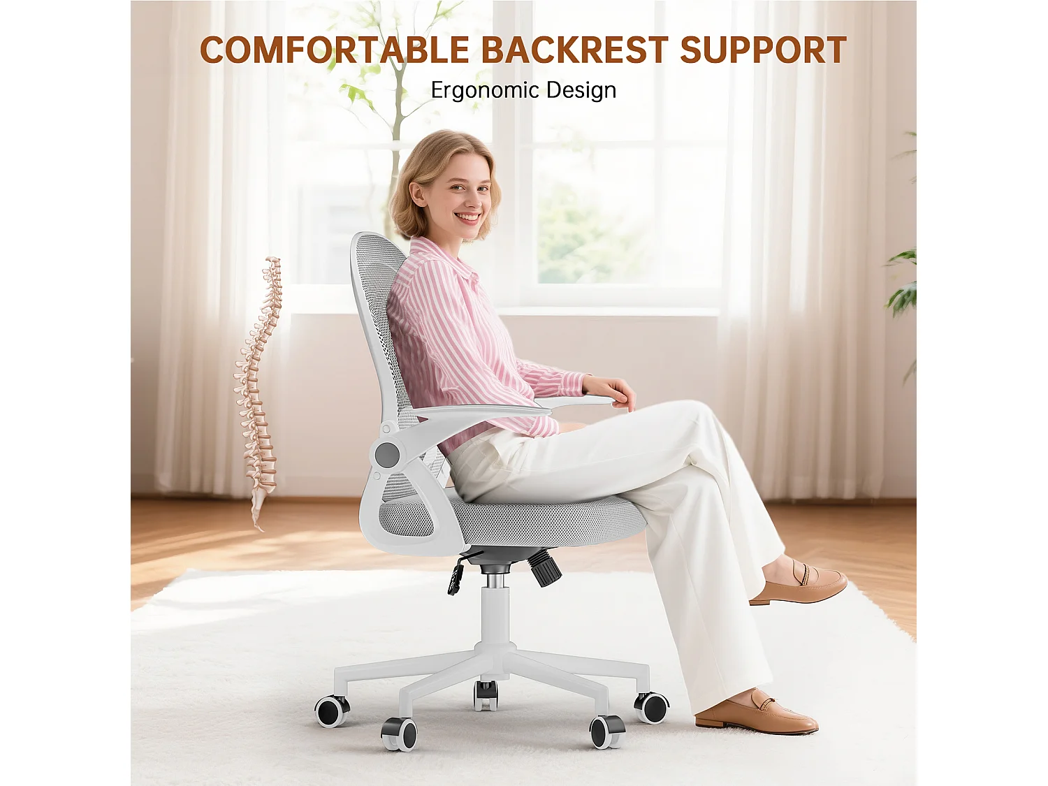 Chaise de bureau ergonomique à dossier moyen en maille, avec accoudoirs rabattables, soutien lombaire et fonction pivotante