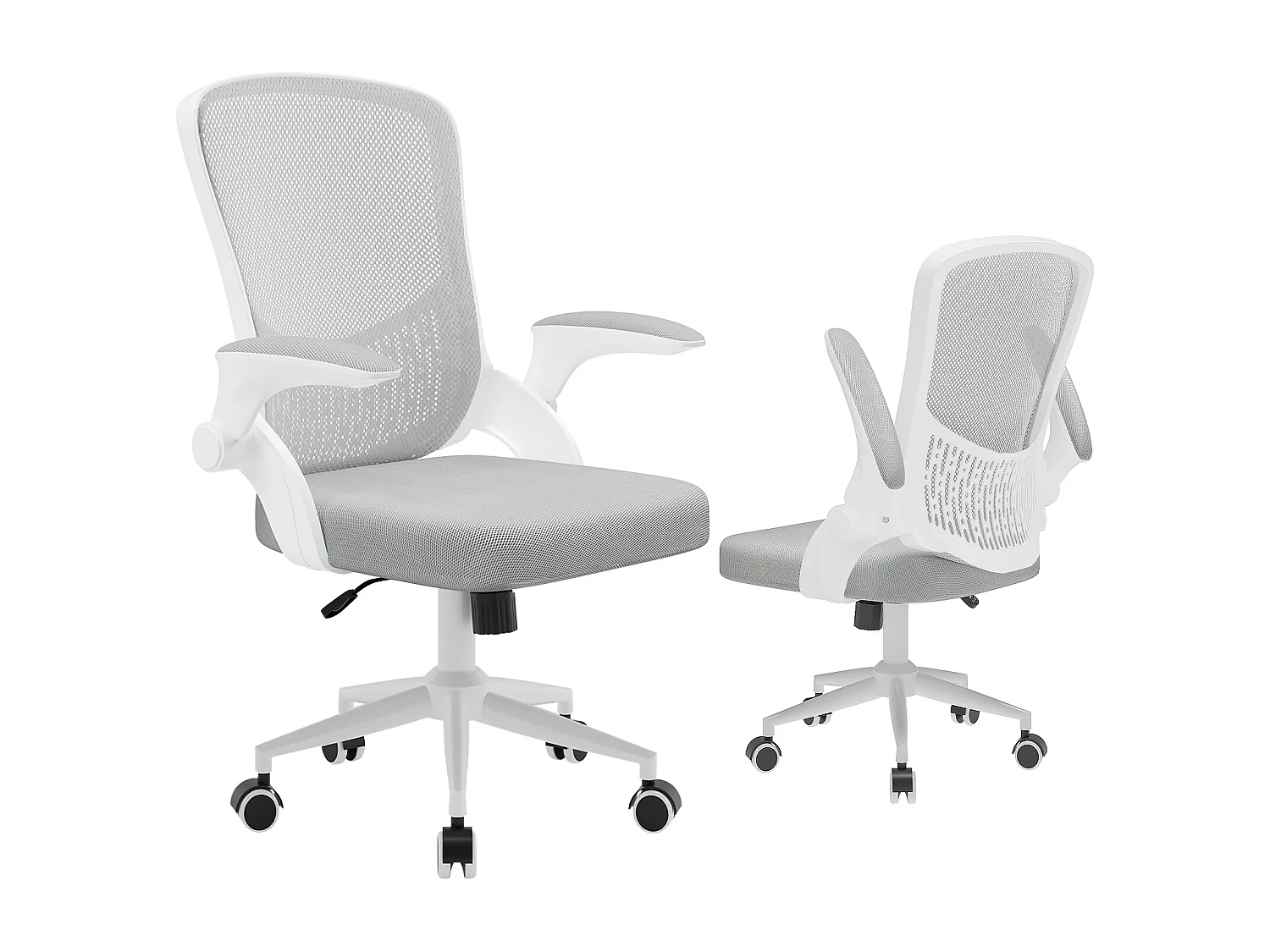 Chaise de bureau ergonomique avec accoudoirs rabattables, dossier moyen en résille avec soutien lombaire, hauteur réglable et rangement intégré au dossier