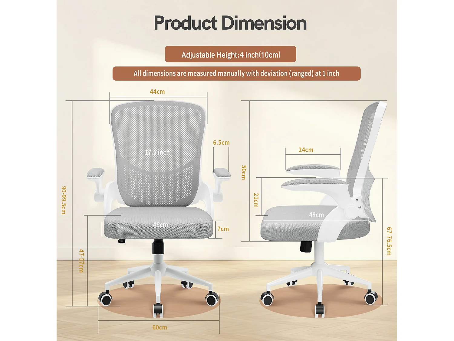 Chaise de bureau ergonomique avec accoudoirs rabattables, dossier moyen en résille avec soutien lombaire, hauteur réglable et rangement intégré au dossier