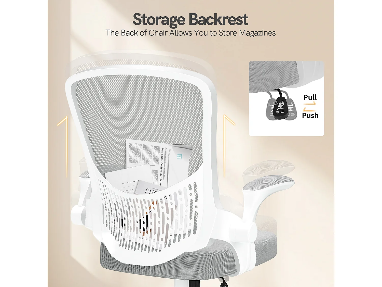 Chaise de bureau ergonomique avec accoudoirs rabattables, dossier moyen en résille avec soutien lombaire, hauteur réglable et rangement intégré au dossier