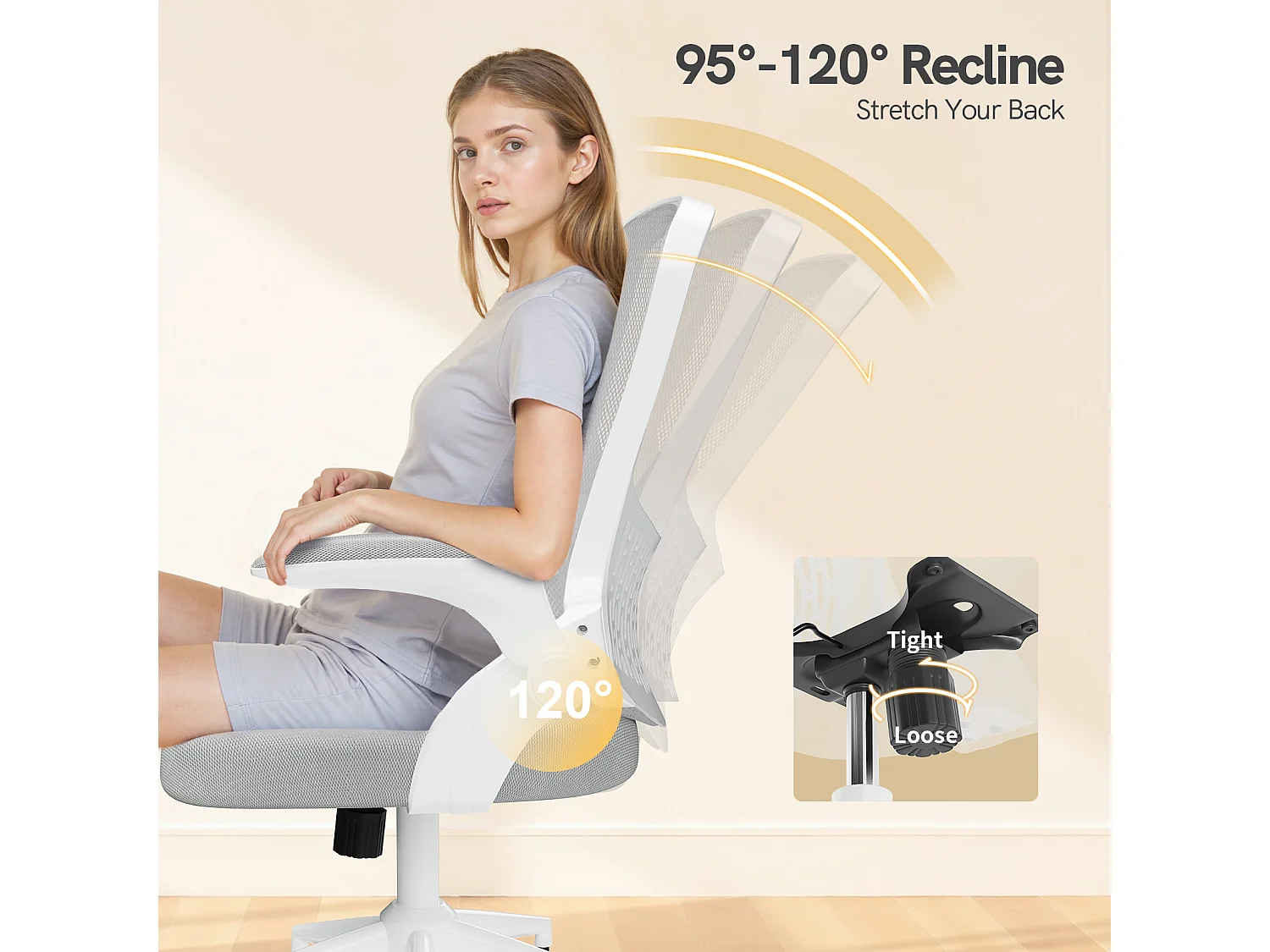 Chaise de bureau ergonomique avec accoudoirs rabattables, dossier moyen en résille avec soutien lombaire, hauteur réglable et rangement intégré au dossier