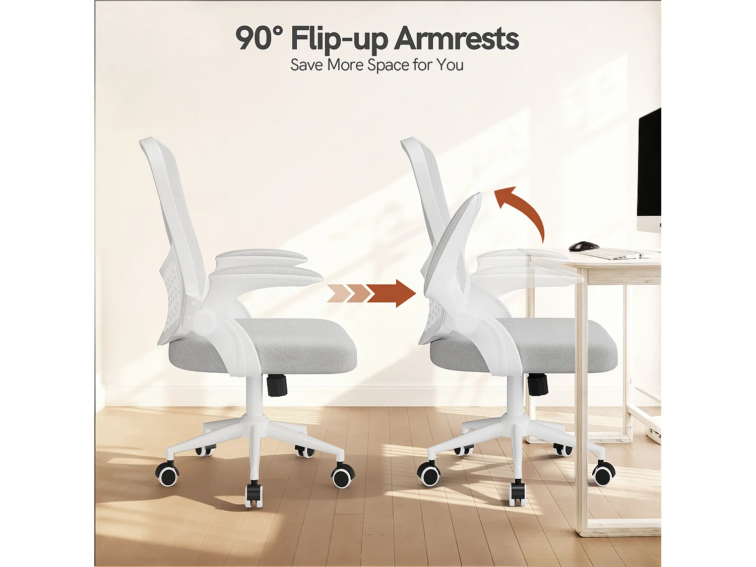 Chaise de bureau ergonomique avec accoudoirs rabattables, dossier moyen en résille avec soutien lombaire, hauteur réglable et rangement intégré au dossier