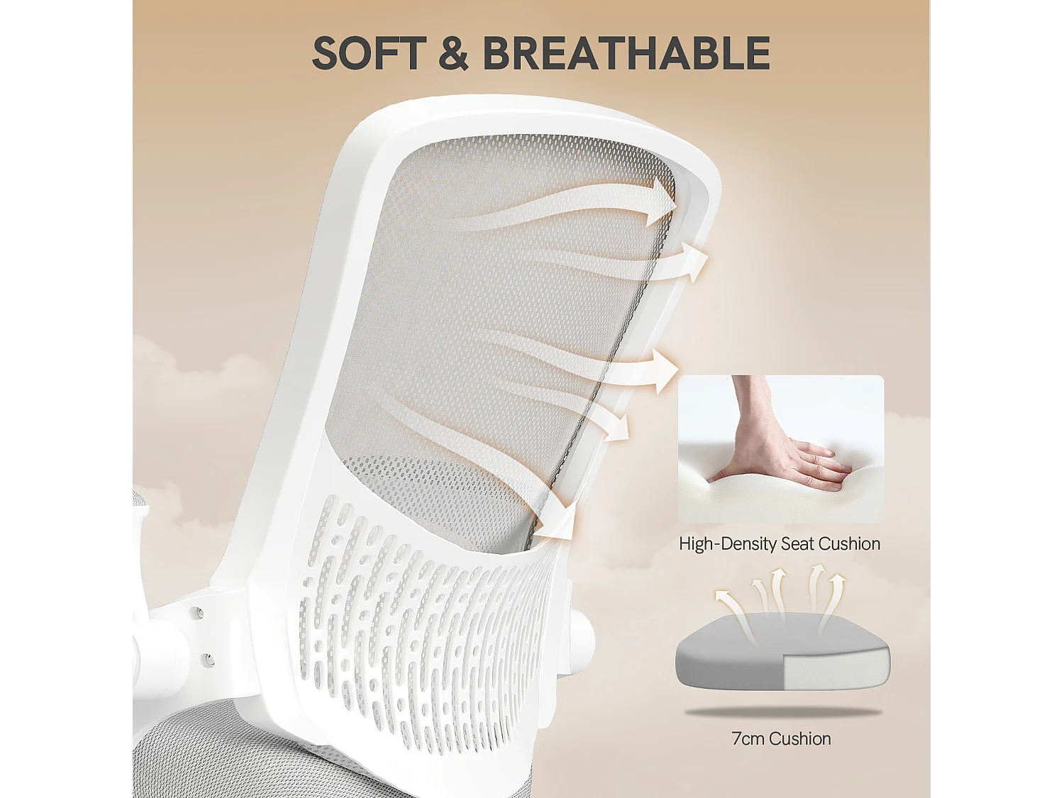 Chaise de bureau ergonomique avec accoudoirs rabattables, dossier moyen en résille avec soutien lombaire, hauteur réglable et rangement intégré au dossier