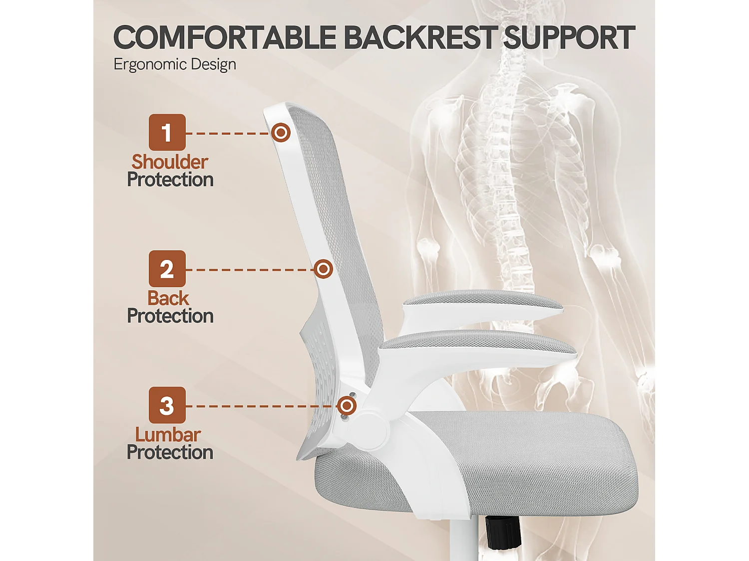 Chaise de bureau ergonomique avec accoudoirs rabattables, dossier moyen en résille avec soutien lombaire, hauteur réglable et rangement intégré au dossier
