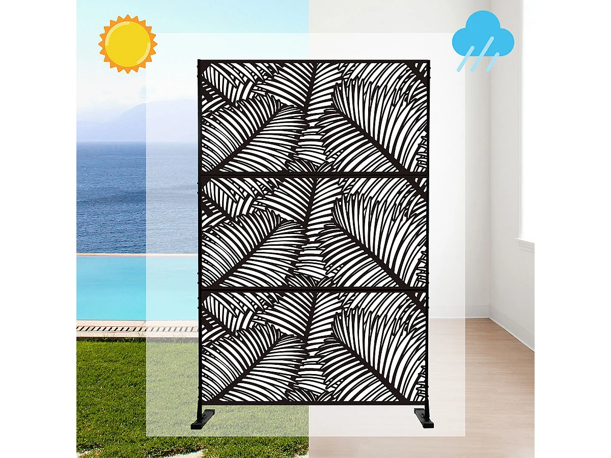 Panneau décoratif en métal, cloison séparatrice d’extérieur, d’intérieur, panneau brise-vue, paravent en acier,design moderne-Noir/Feuilles de palmier