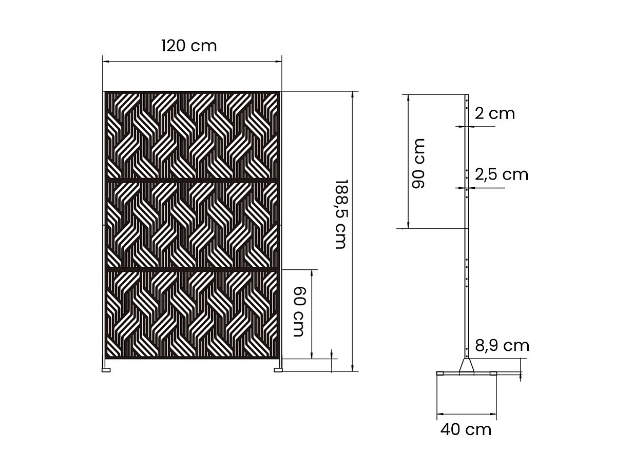Panneau décoratif en métal, cloison séparatrice d’extérieur ou d’intérieur, panneau brise-vue, paravent en acier, design moderne - Noir/Motif