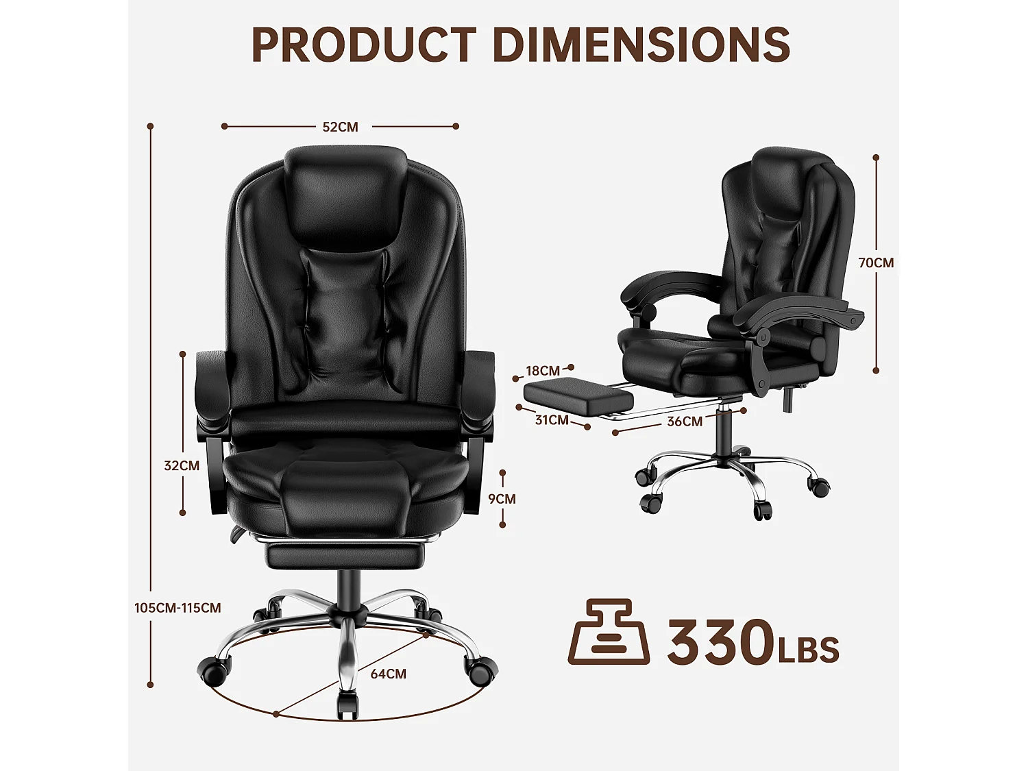 Fauteuil de bureau ergonomique à dossier haut, fauteuil de direction réglable en cuir synthétique avec fonction d'inclinaison