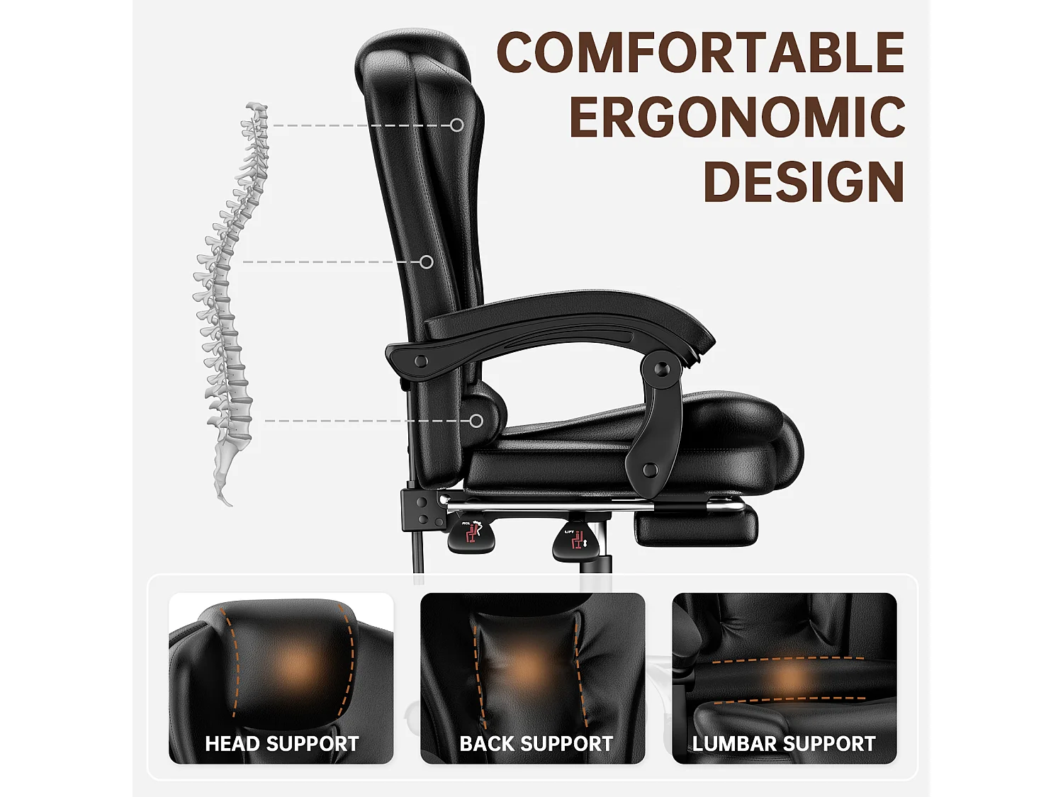 Fauteuil de bureau ergonomique à dossier haut, fauteuil de direction réglable en cuir synthétique avec fonction d'inclinaison
