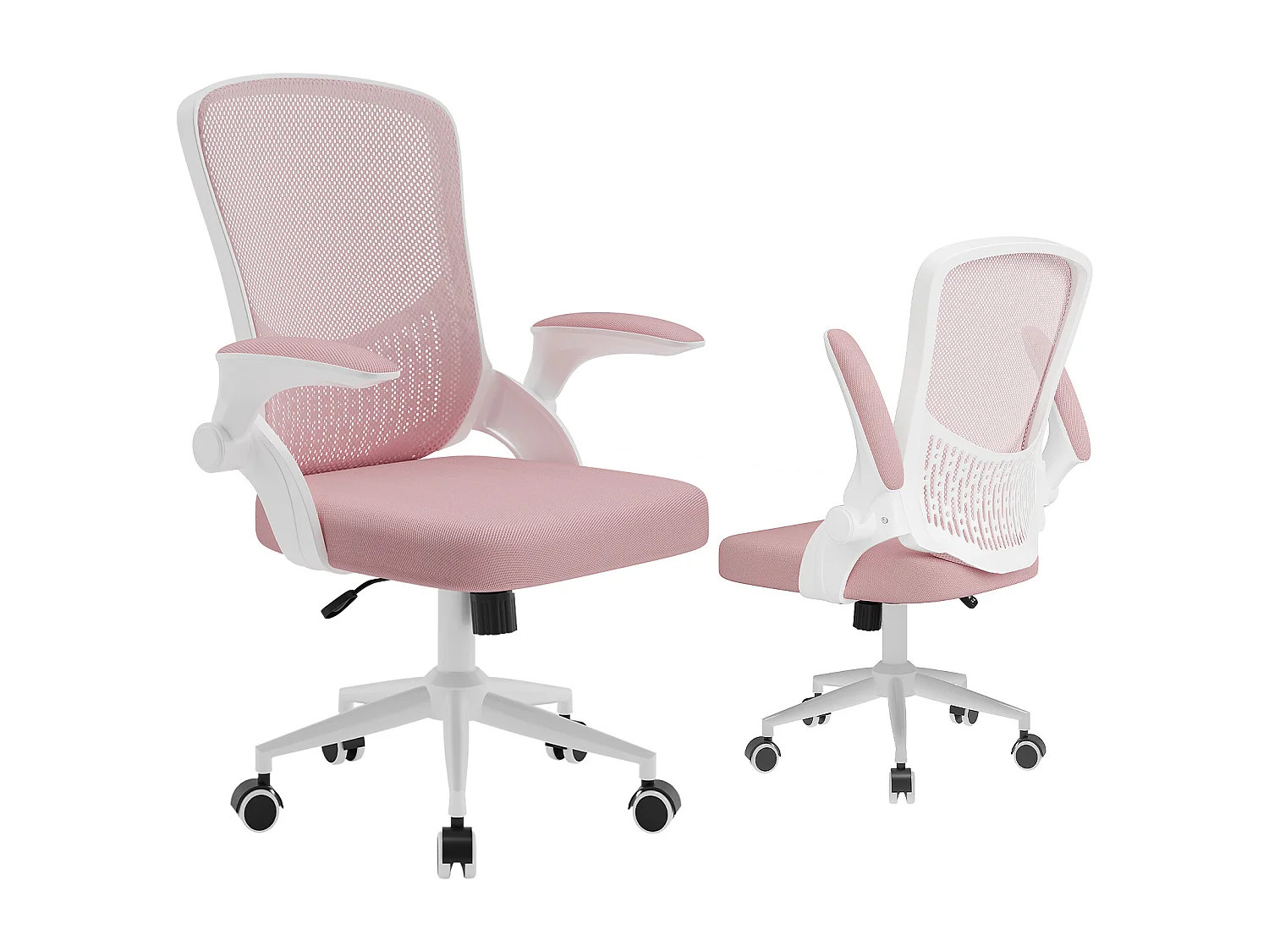 Chaise de bureau ergonomique avec accoudoirs rabattables, dossier moyen en résille avec soutien lombaire, hauteur réglable et rangement intégré au dossier