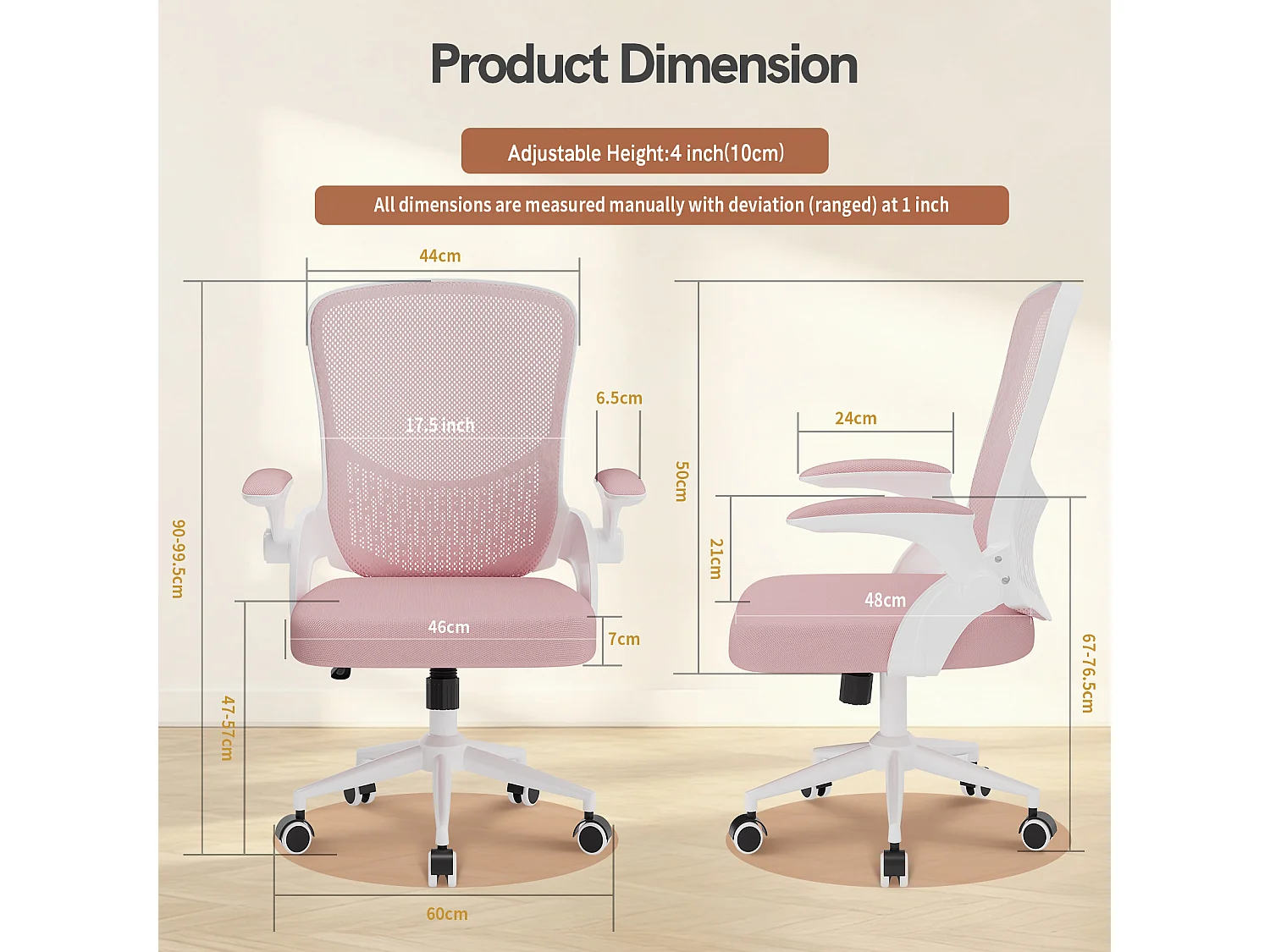 Chaise de bureau ergonomique avec accoudoirs rabattables, dossier moyen en résille avec soutien lombaire, hauteur réglable et rangement intégré au dossier