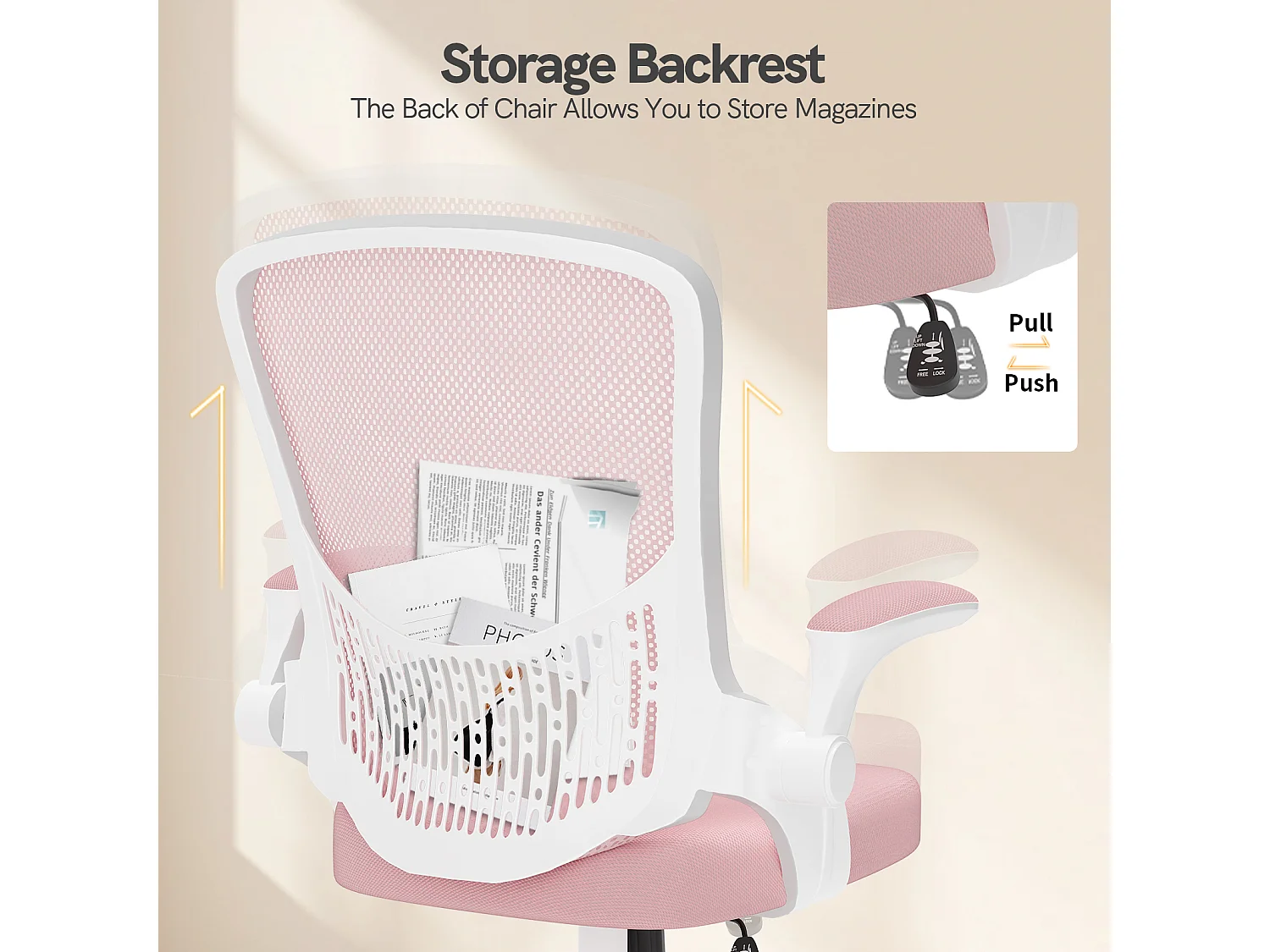 Chaise de bureau ergonomique avec accoudoirs rabattables, dossier moyen en résille avec soutien lombaire, hauteur réglable et rangement intégré au dossier