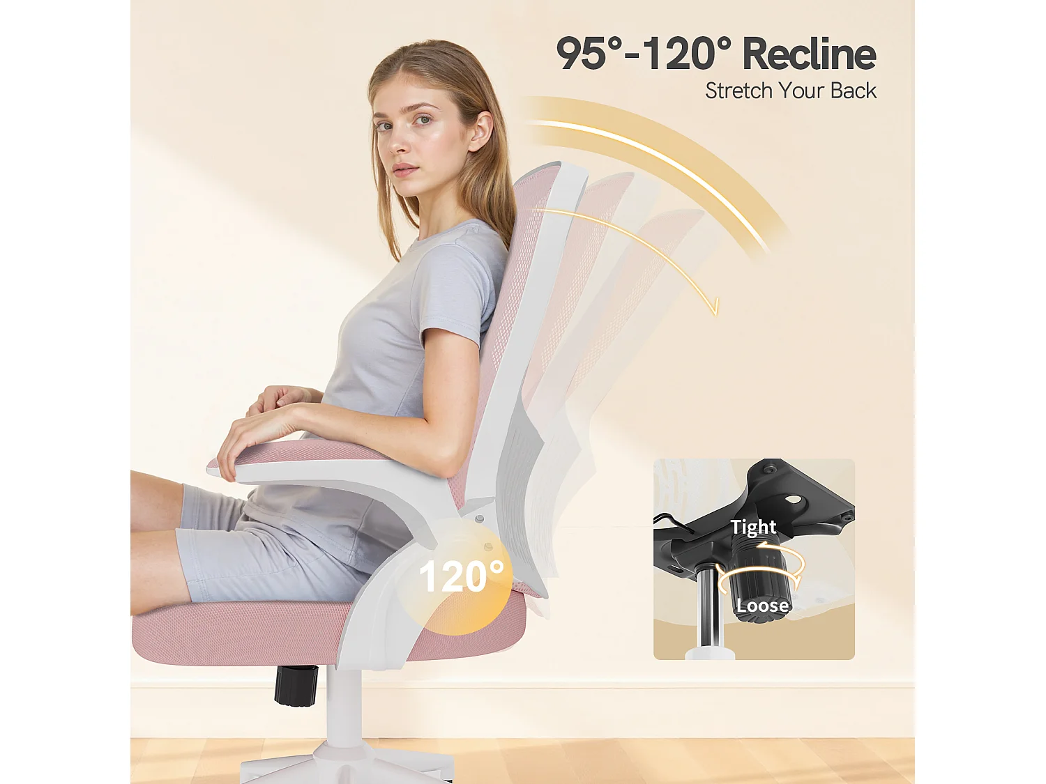 Chaise de bureau ergonomique avec accoudoirs rabattables, dossier moyen en résille avec soutien lombaire, hauteur réglable et rangement intégré au dossier