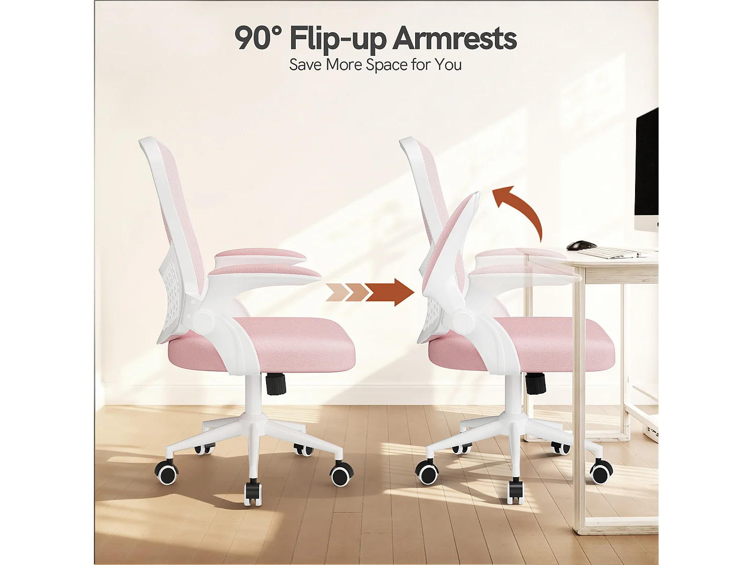 Chaise de bureau ergonomique avec accoudoirs rabattables, dossier moyen en résille avec soutien lombaire, hauteur réglable et rangement intégré au dossier