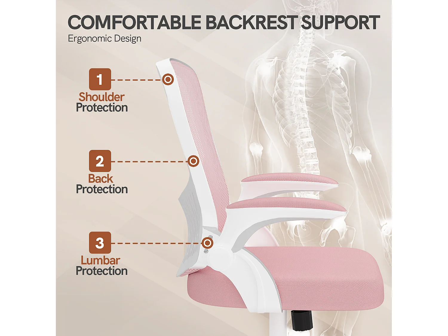 Chaise de bureau ergonomique avec accoudoirs rabattables, dossier moyen en résille avec soutien lombaire, hauteur réglable et rangement intégré au dossier