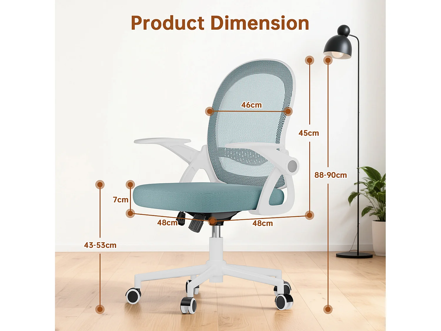 Chaise de bureau ergonomique à dossier moyen en maille, avec accoudoirs rabattables, soutien lombaire et fonction pivotante