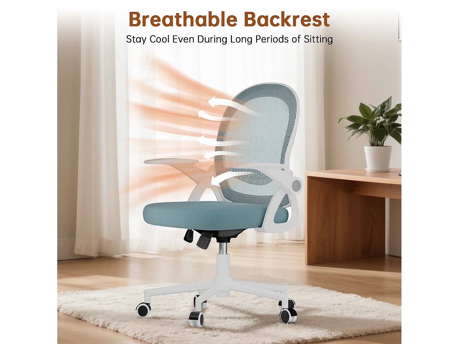 Chaise de bureau ergonomique à dossier moyen en maille, avec accoudoirs rabattables, soutien lombaire et fonction pivotante