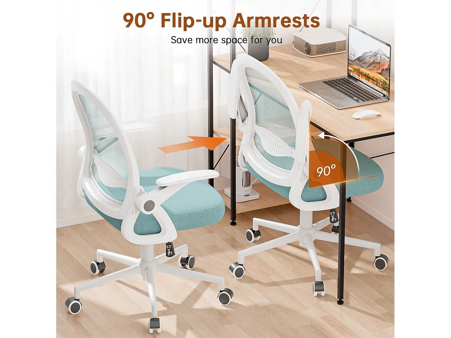 Chaise de bureau ergonomique à dossier moyen en maille, avec accoudoirs rabattables, soutien lombaire et fonction pivotante