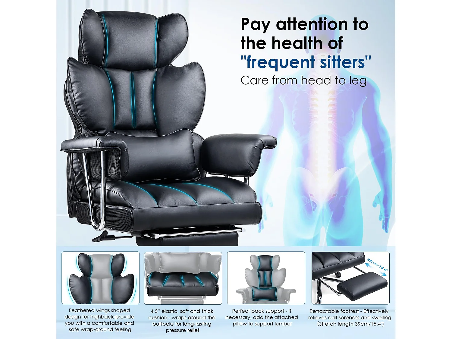 Fauteuil de bureau pivotant ergonomique en cuir à dossier haut avec repose-pieds, pour le bureau à domicile